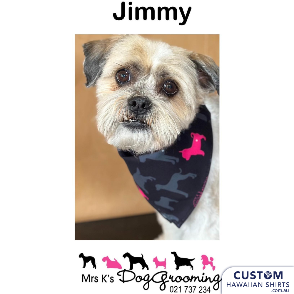 These cool custom pet Bandanas were made to match the Custom Hawaiian Shirts & Kaftan as Uniforms for Mrs K's Grooming in Tokoroa, New Zealand.  The design is their logo and to make it obviously 'Kiwi' we added in a NZ Pohutukawa flower, also known as NZ Christmas tree.