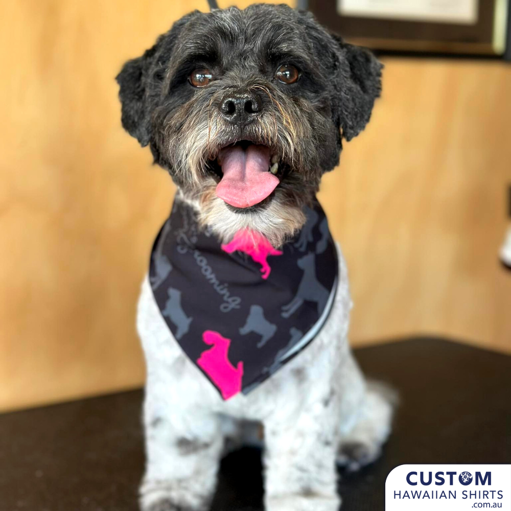 These cool custom pet Bandanas were made to match the Custom Hawaiian Shirts & Kaftan as Uniforms for Mrs K's Grooming in Tokoroa, New Zealand.  The design is their logo and to make it obviously 'Kiwi' we added in a NZ Pohutukawa flower, also known as NZ Christmas tree.
