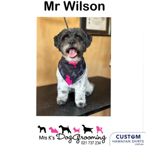 These cool custom pet Bandanas were made to match the Custom Hawaiian Shirts & Kaftan as Uniforms for Mrs K's Grooming in Tokoroa, New Zealand.  The design is their logo and to make it obviously 'Kiwi' we added in a NZ Pohutukawa flower, also known as NZ Christmas tree.