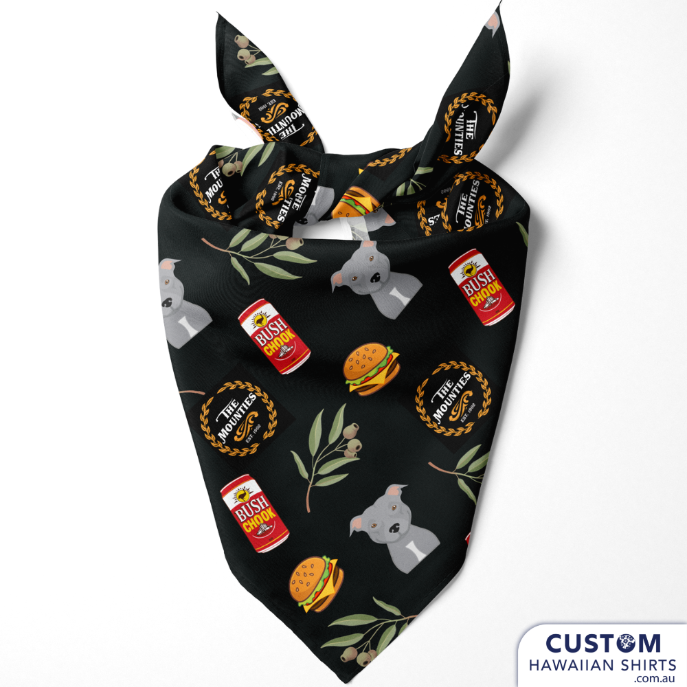 These cool custom pet Bandanas were made to match the Custom Hawaiian Shirts we designed and made for Mt Helena Tavern, WA featuring 'Fatty' their resident staffy and some Aussie gum leaves. Doesn't get much more Australian than that!  100% Soft Rayon