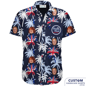 Happy joint 60th Birthday to these crazy cats 🌴🤍 who definitely know how to celebrate in style 🍾😍 wearing personalised 'face' shirts featuring palms and added the Union Jack in to celebrate their heritage. At Orpheus Island, FNQ. 100% Cotton Coconut embossed buttons Adults & Kids shirts and shorts