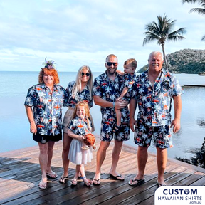 Happy joint 60th Birthday to these crazy cats 🌴🤍 who definitely know how to celebrate in style 🍾😍 wearing personalised 'face' shirts featuring palms and added the Union Jack in to celebrate their heritage. At Orpheus Island, FNQ. 100% Cotton Coconut embossed buttons Adults & Kids shirts and shorts