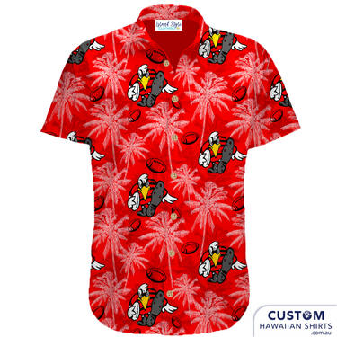 a red hawaiian shirt with a bird on it