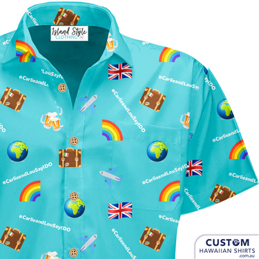 The Bride and Groom plus all their friends rocked this custom-designed Hawaiian shirts and shorts at their wedding after-party.   Let us design something for your special event.   100% Cotton Top Pocket Coconut Buttons Free design - Sunshine Coast, QLD.