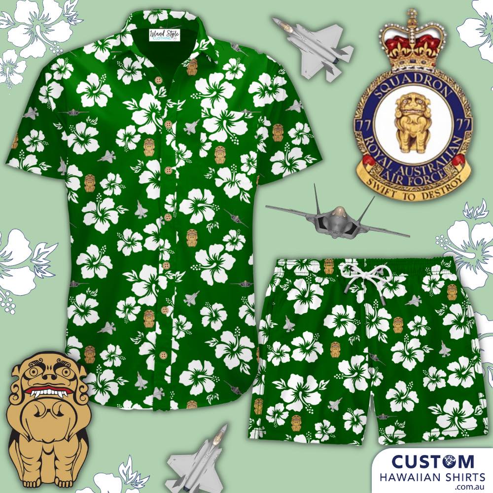 Proud to supply some customised Hawaiian shirts and matching shorts to Australian Military. 77 SQD, Based in Williamstown, NSW. Definitely off-duty essentials. 100% Cotton Custom Hawaiian Shirt and Shorts Set Coconut buttons