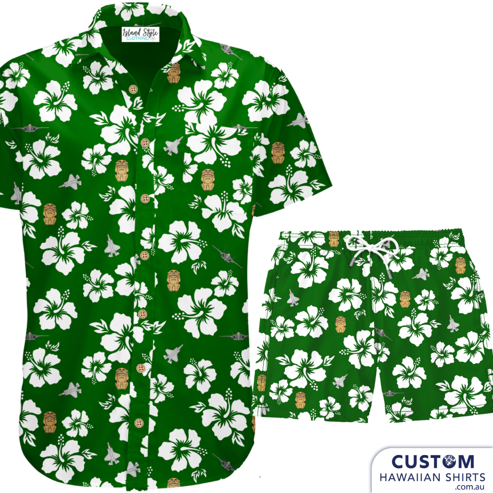 Proud to supply some customised Hawaiian shirts and matching shorts to Australian Military. 77 SQD, Based in Williamstown, NSW. Definitely off-duty essentials. 100% Cotton Custom Hawaiian Shirt and Shorts Set Coconut buttons