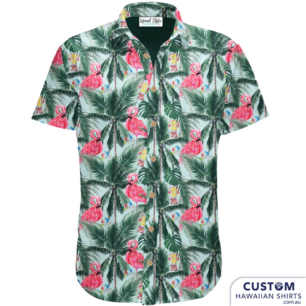 Southport Yacht Club customized shirts celebrating their 75th Anniversary for staff, management uniforms and merch for sale for local patrons.  Soft Touch Rayon Open classic collar 1 x chest pocket Coconut shell buttons