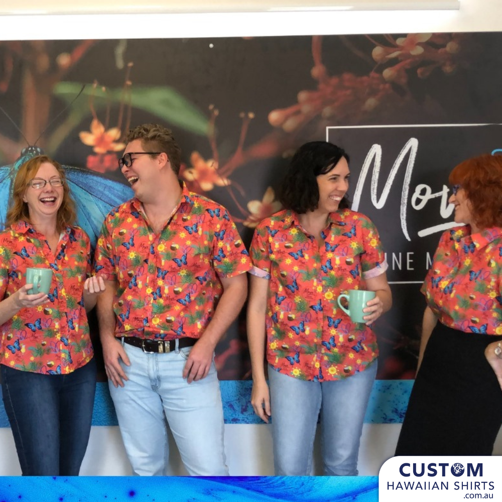 Move Online Marketing - Personalised Uniforms for this amazing company in Townsville, Qld. They actually supplied their own artwork and also have a version in blue as they were so happy with the quality. Loving all their team pics. If you need some digital agency work we highly recommend this awesome crew.  Soft touch rayon Chest pocket Coconut buttons