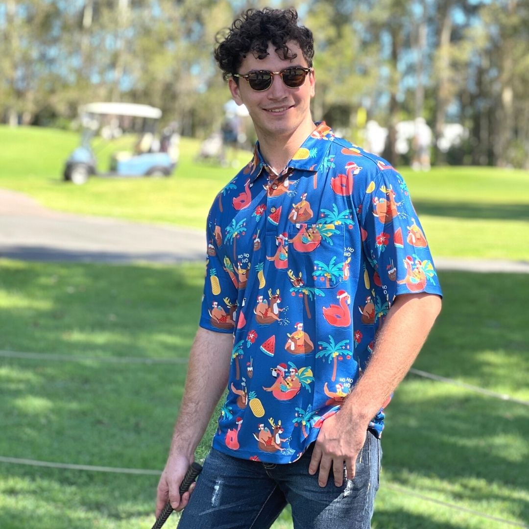 Navy Christmas Pool Party Mens Golf Polo Shirt Festive Hawaiian Fun Print Australia