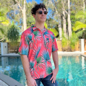 Palm Cove Mens Golf Polo Shirt Tropical Coral Print Australia