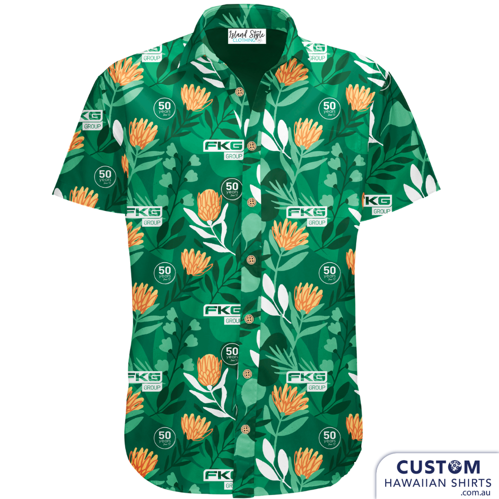 FKG Group, held their annual Conference at Sea World on the Gold Coast this year. They asked for Hawaiian shirts and of course we offered them Australian botanicals. This striking shirt with the main flower being an Aussie Native 'Waratah' appealed with their company colours and logo added. 