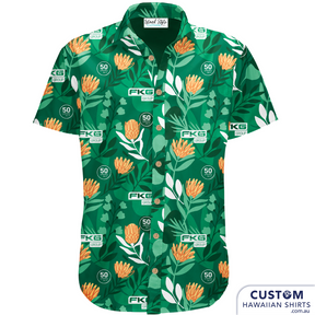 FKG Group celebrated their 50th Anniversary in style at the Sea World Resort on the Gold Coast. They asked for Hawaiian shirts and of course we offered them Australian botanicals. This striking shirt with the main flower being an Aussie Native 'Waratah' appealed with their company colours and logo added. 