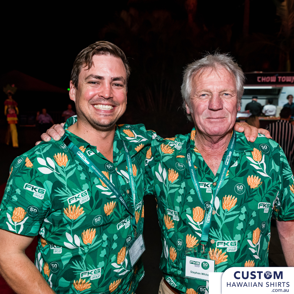FKG Group celebrated their 50th Anniversary in style at the Sea World Resort on the Gold Coast. They asked for Hawaiian shirts and of course we offered them Australian botanicals. This striking shirt with the main flower being an Aussie Native 'Waratah' appealed with their company colours and logo added. 