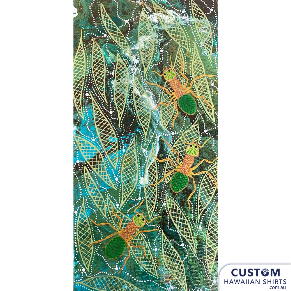 Customised Shirts made for Kuku Bulkaway Indigenous Art Gallery, Cooktown, FNQ. They paint stories they were taught as children about the local bush, food and animals.  They supplied photos of their hand-painted art (original paintings you can view in our photo gallery). From there our clever design team created a seamless pattern and we turned them into wearable art on shirts and shorts. Deadly style! Main feature is Green Ants