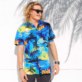 Upgrade your wardrobe with this Blue Sunset Hawaiian Aloha shirt. Crafted from durable rayon and featuring classic coconut buttons, this shirt offers a regular cut fit for all-day comfort. With its timeless blue sunset design, you'll look stylish while staying cool in any summer weather.