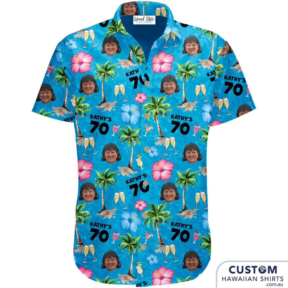 Kathy's 70th Birthday - Custom Face Shirts. Fun and festive destination shirts with your loved ones face on it.