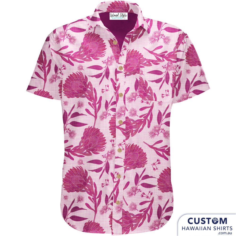 Kingscliffe Beach Bowls Club in northern NSW wanted a floral Hawaiian shirt in their Club colours. We suggested Australian flowers for them and they loved it. This shirt features warratah flowers, gum flowers and gum nuts. We like to call it an 'Aussie shirt' not a 'Hawaiian shirt'. Get in touch if we can design something exclusively for you. They liked it so much they have reordered in another colour.  100% Cotton