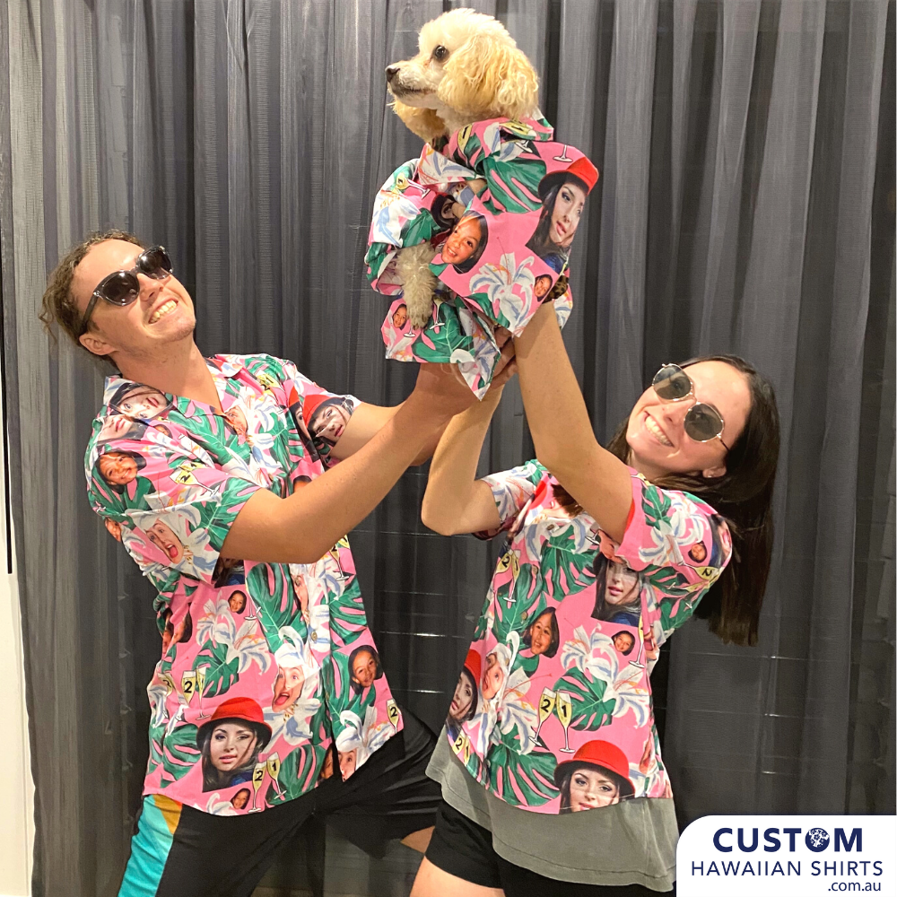 These gorgeous custom face shirts were designed as a surprise for the birthday girl. Unfortunately her surprise party was cancelled due to covid but her family arrived at her door dressed in shirts with her face on it. Then arrived a bunch of photos from her friends all in the matching shirts. What a morning!