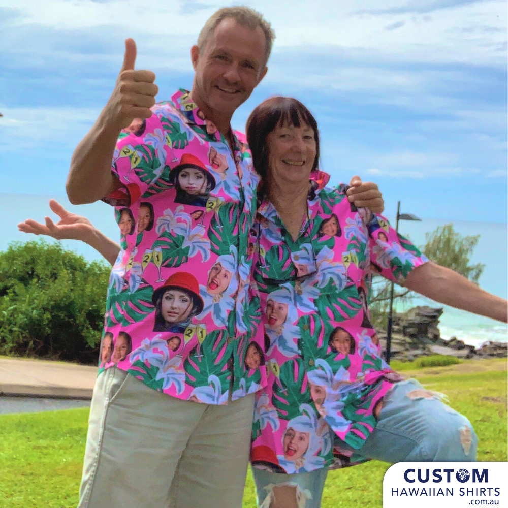 These gorgeous custom face shirts were designed as a surprise for the birthday girl. Unfortunately her surprise party was cancelled due to covid but her family arrived at her door dressed in shirts with her face on it. Then arrived a bunch of photos from her friends all in the matching shirts. What a morning!