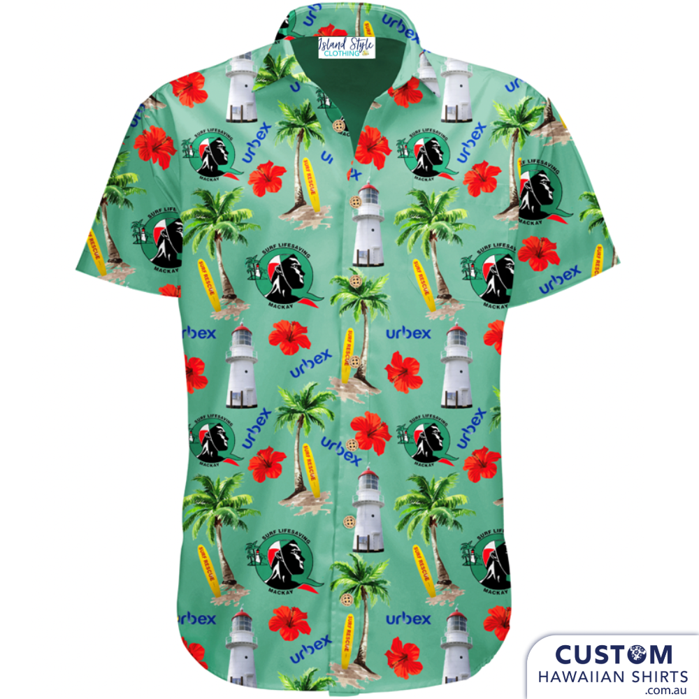 Mackay Surf Life Saving Club in Queensland wanted some new custom uniforms featuring their iconic lighthouse, palms, rescue boards, hibiscus flowers, their logo and their sponsors logo 'Urbex'.