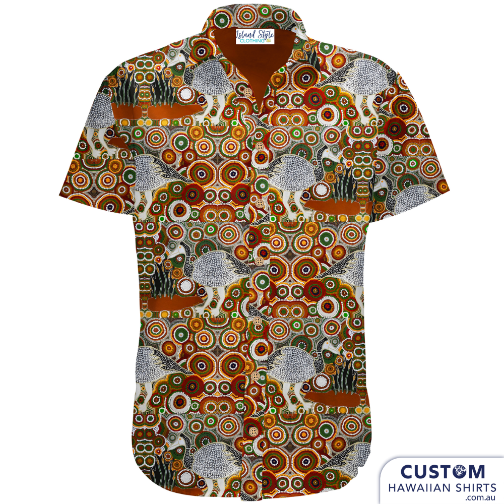 Customised Shirts made for Kuku Bulkaway Indigenous Art Gallery, Cooktown, FNQ. They paint stories they were taught as children about the local bush, food and animals.  They supplied photos of their hand-painted art (original paintings you can view in our photo gallery). From there our clever design team created a seamless pattern and we turned them into wearable art on shirts and shorts. Deadly style!