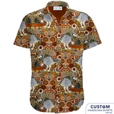 Customised Shirts made for Kuku Bulkaway Indigenous Art Gallery, Cooktown, FNQ. They paint stories they were taught as children about the local bush, food and animals.  They supplied photos of their hand-painted art (original paintings you can view in our photo gallery). From there our clever design team created a seamless pattern and we turned them into wearable art on shirts and shorts. Deadly style!