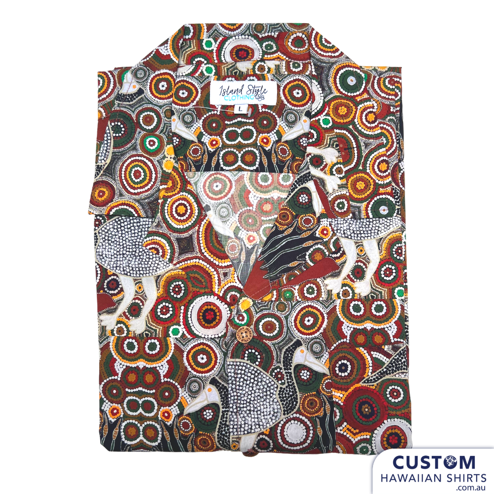 Customised Shirts made for Kuku Bulkaway Indigenous Art Gallery, Cooktown, FNQ. They paint stories they were taught as children about the local bush, food and animals.  They supplied photos of their hand-painted art (original paintings you can view in our photo gallery). From there our clever design team created a seamless pattern and we turned them into wearable art on shirts and shorts. Deadly style!