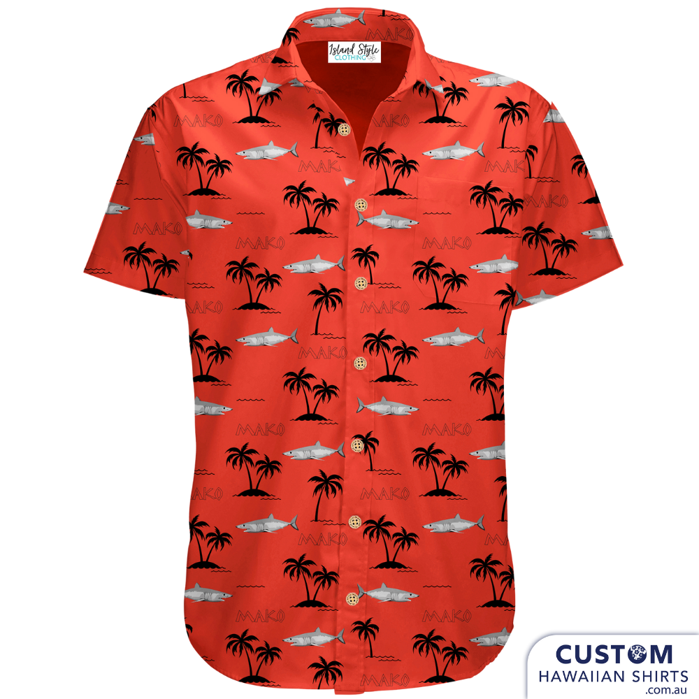 a red custom hawaiian shirt with palm trees on it
