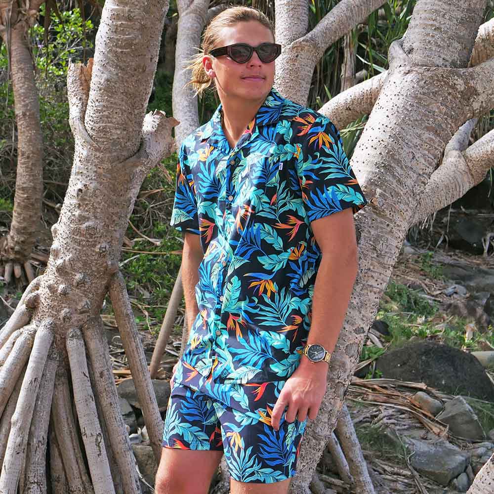Jungle Fever Mens Cotton Hawaiian Resort Shirt & Swim Shorts