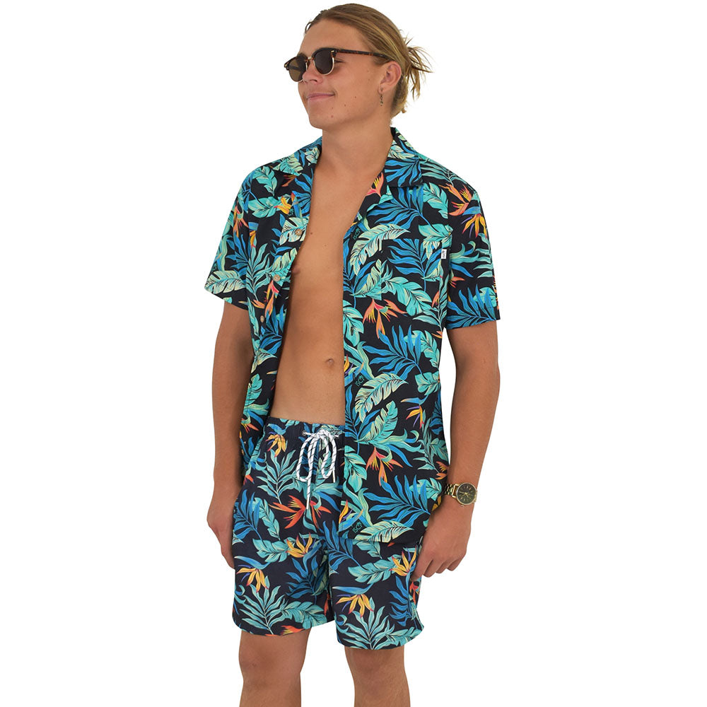 Jungle Fever Mens Cotton Hawaiian Resort Shirt & Swim Shorts
