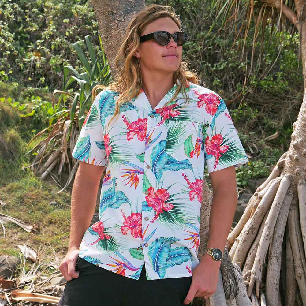 Freshen up your wardrobe in this limited edition White Paradise Cotton Shirt. This breathable and lightweight cotton material makes them perfect for wearing in the hot summer months and not to mention giving off major party-in-paradise energy. 