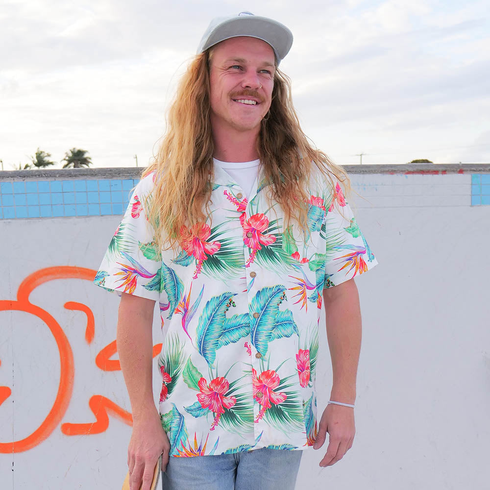 Freshen up your wardrobe in this limited edition White Paradise Cotton Shirt. This breathable and lightweight cotton material makes them perfect for wearing in the hot summer months and not to mention giving off major party-in-paradise energy. 