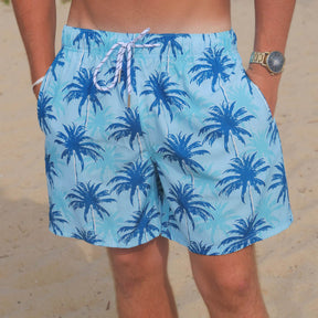 Island Blues Mens Stretch Swim Shorts Blue Palm Trees Allover Party Print Tropical Floral Aloha Fun  Edit alt text