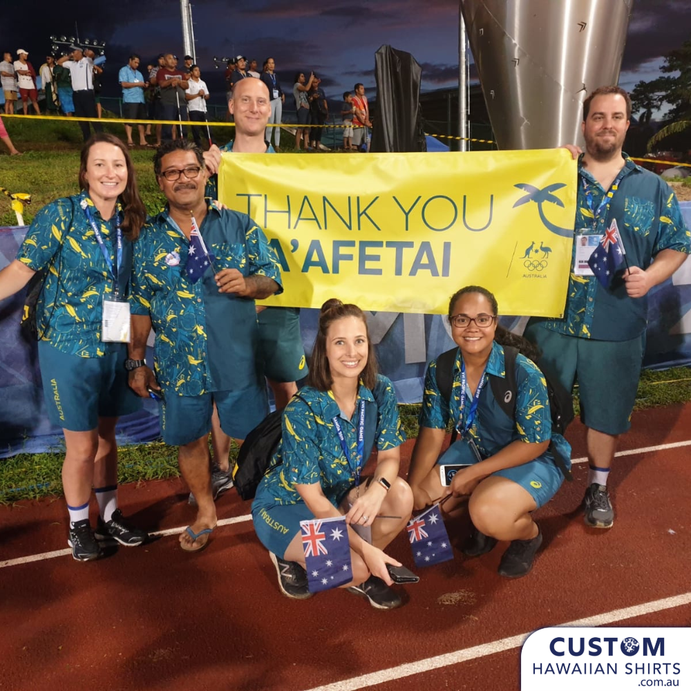 Proud to the Australian Olympic Committee these shirts for the team to wear to the Pacific Games in Samoa 2019. They wanted a shirt that represented Australia - gum leaves and also the host country with hibiscus flowers and tribal motif of course in the Australian team colours. These shirts were worn to the opening and closing ceremonies. 100% Cotton Coconut buttons