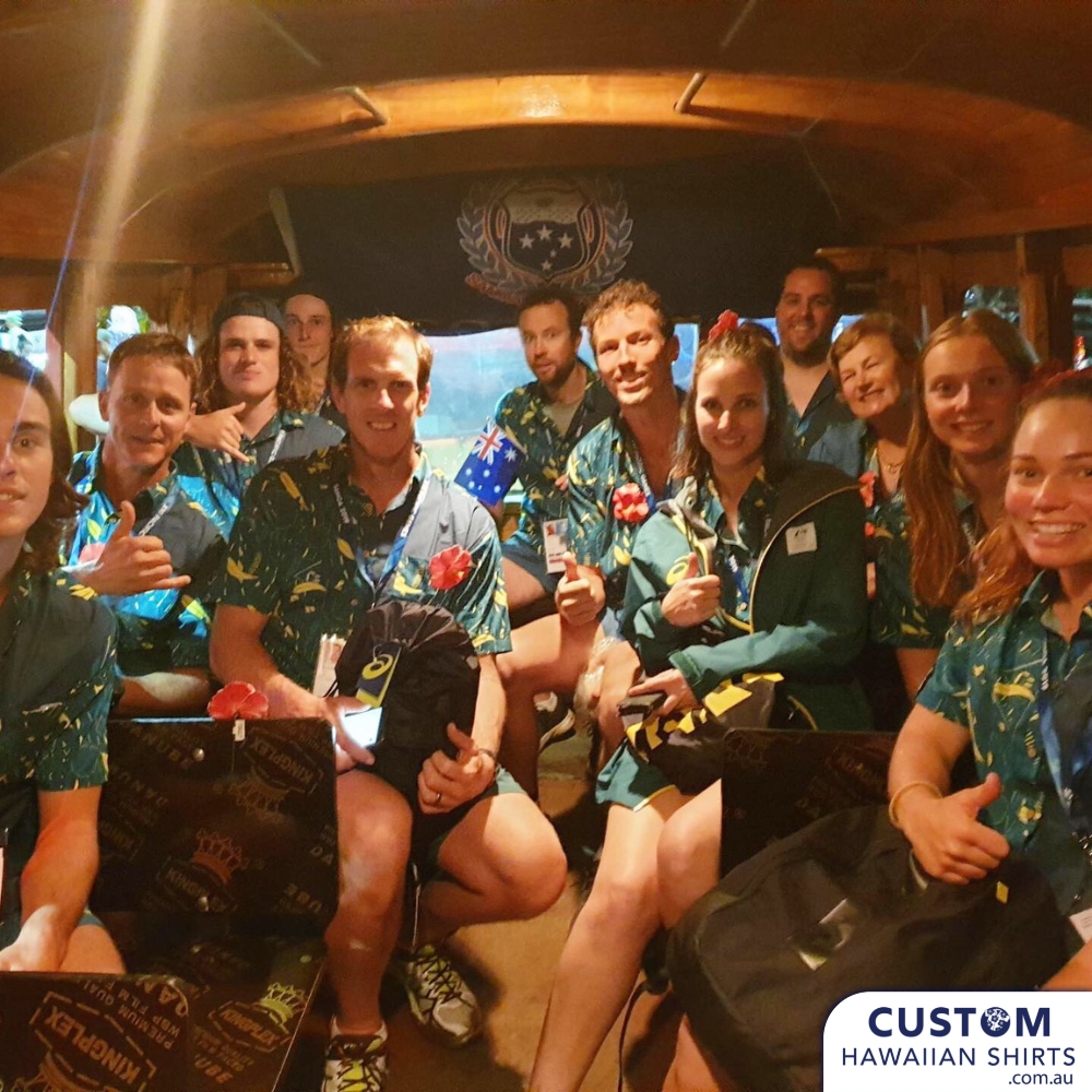 Proud to the Australian Olympic Committee these shirts for the team to wear to the Pacific Games in Samoa 2019. They wanted a shirt that represented Australia - gum leaves and also the host country with hibiscus flowers and tribal motif of course in the Australian team colours. These shirts were worn to the opening and closing ceremonies. 100% Cotton Coconut buttons