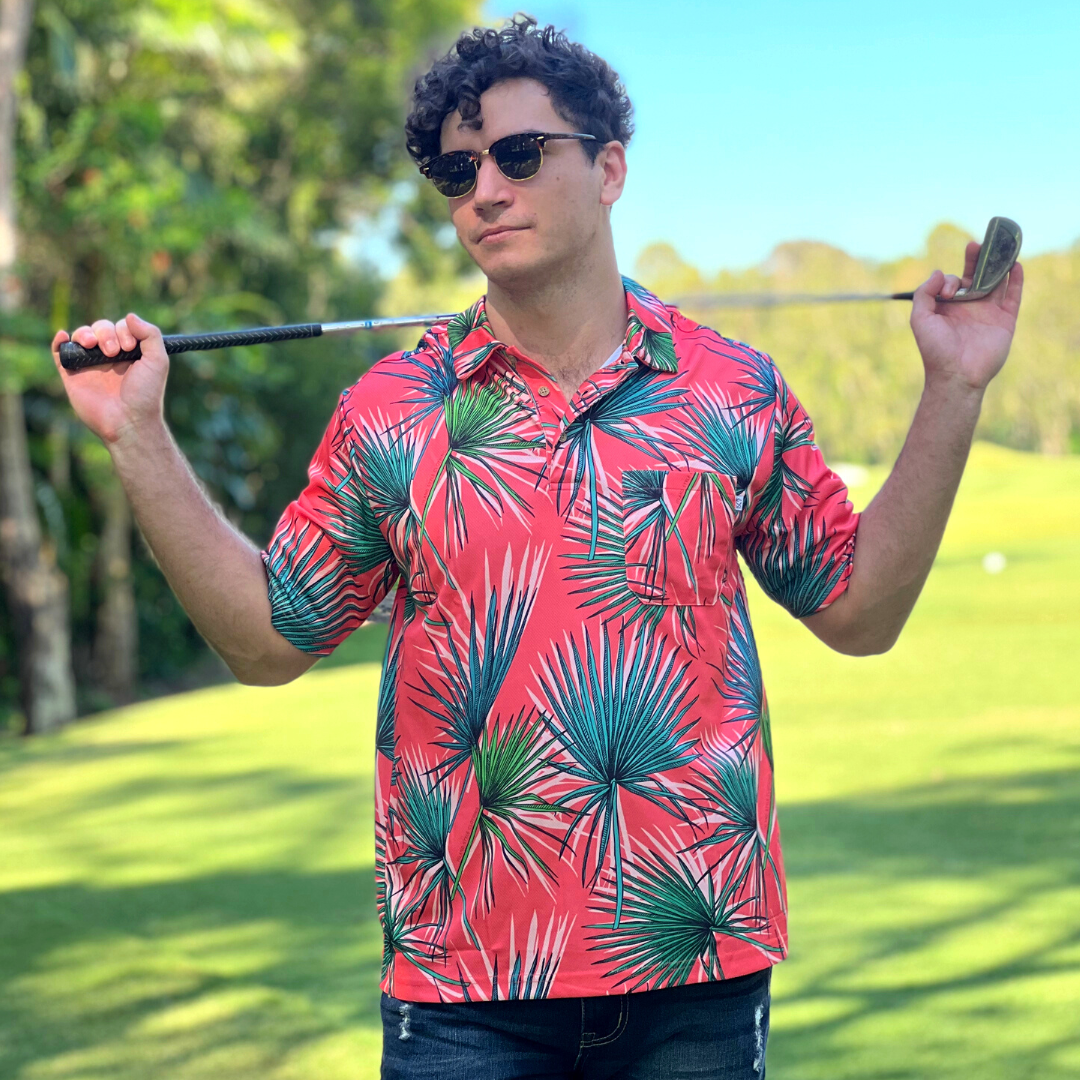 Embrace the summer season with our newest Golf Polo Shirts, made from a super lightweight, stretch and breathable material. Featuring a stylish and modern palms print.   It's the perfect everyday polo that you can wear on the golf course or straight to the bar, and everywhere in-between!