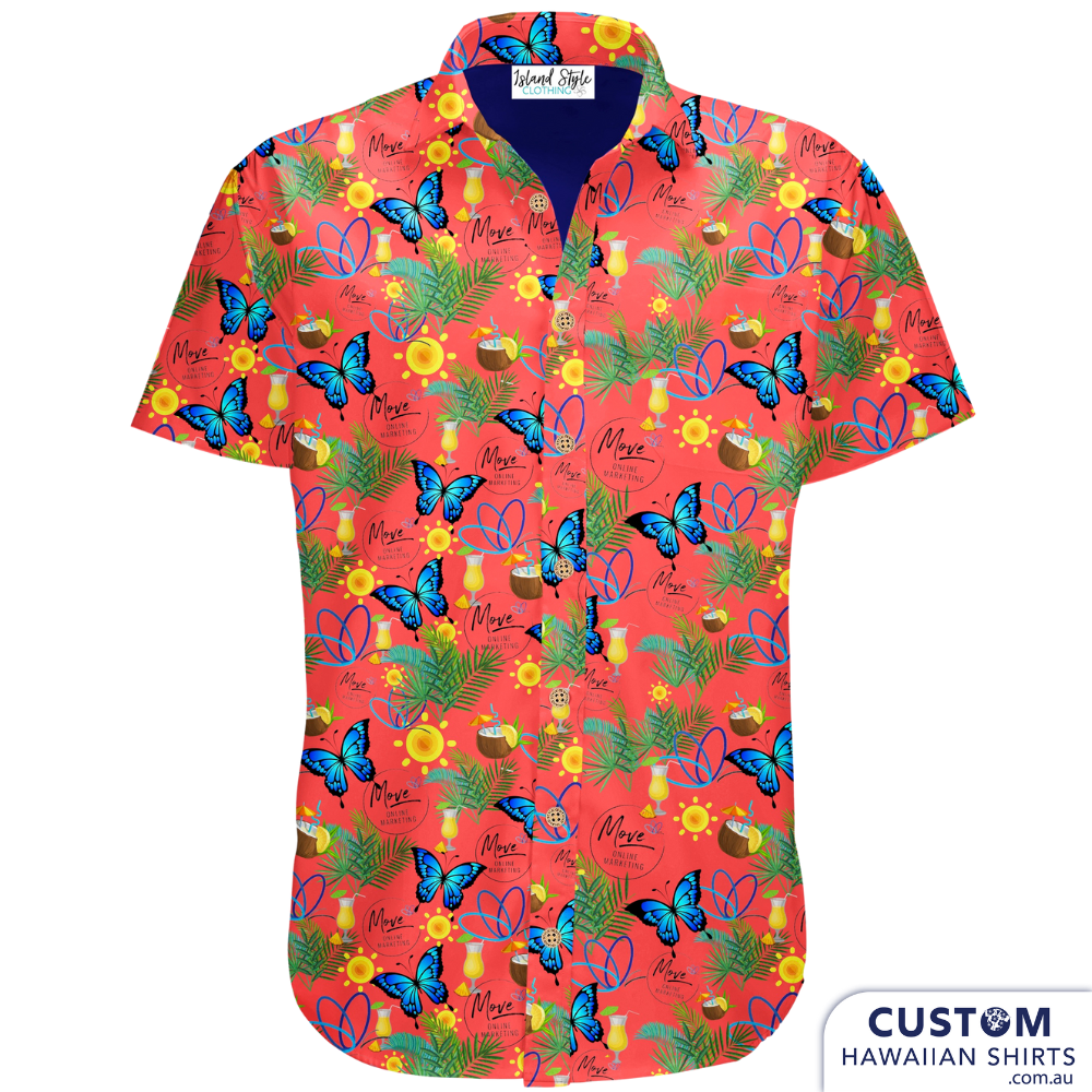 Move Online Marketing - Personalised Uniforms for this amazing company in Townsville, Qld. They supplied their own artwork that features the Ulysses butterfly from Dunk Island and they also have a version in blue as they were so happy with the quality. Loving all their team pics. If you need some digital agency work we highly recommend this awesome crew.  Soft touch rayon Chest pocket Coconut buttons