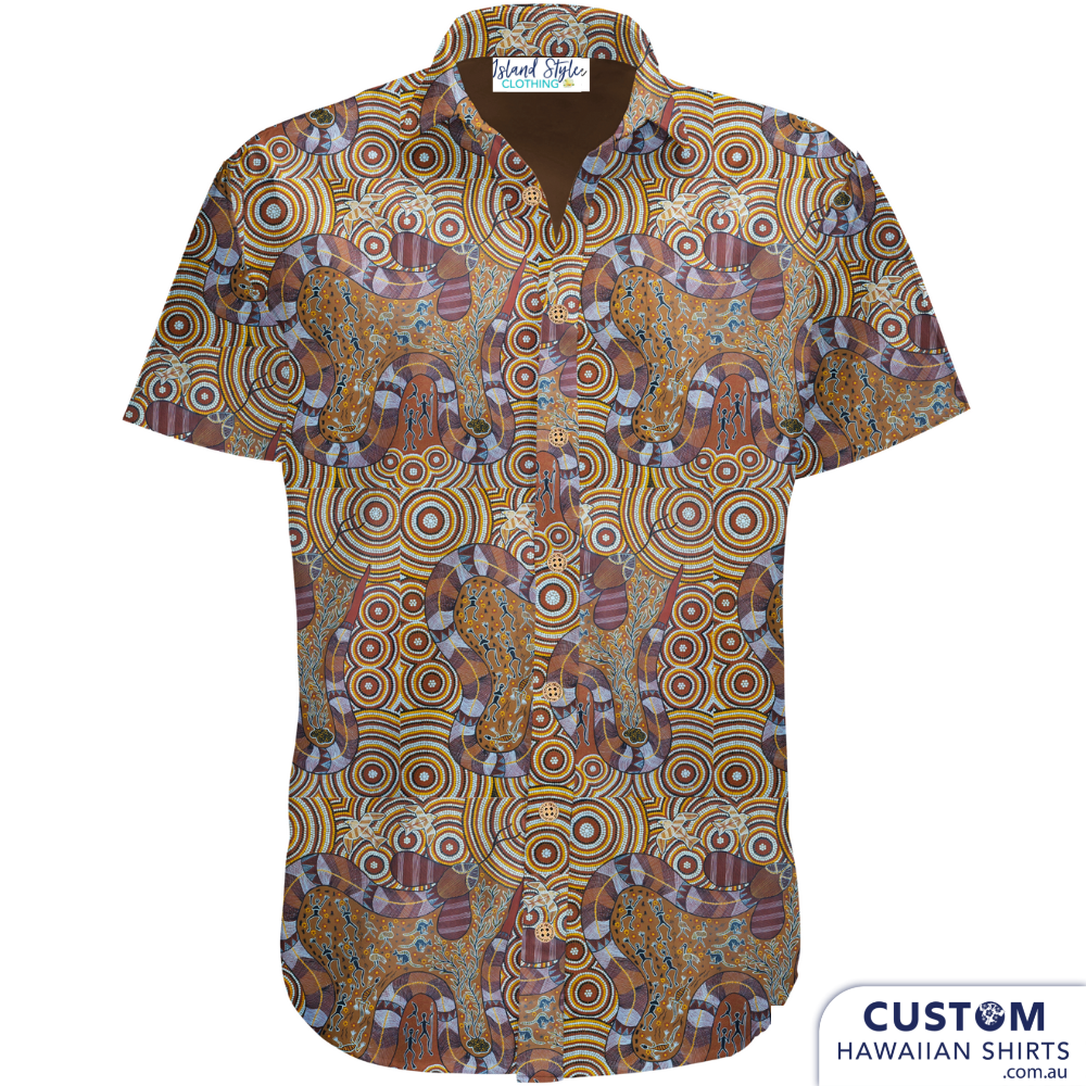 Customised Shirts made for Kuku Bulkaway Indigenous Art Gallery, Cooktown, FNQ. They paint stories they were taught as children about the local bush, food and animals.  They supplied photos of their hand-painted art (original paintings you can view in our photo gallery). From there our clever design team created a seamless pattern and we turned them into wearable art on shirts and shorts. Deadly style!