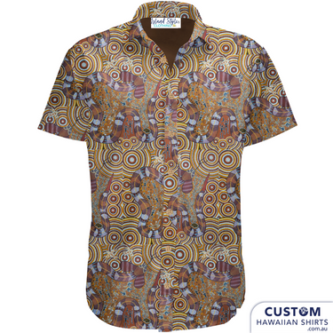Customised Shirts made for Kuku Bulkaway Indigenous Art Gallery, Cooktown, FNQ. They paint stories they were taught as children about the local bush, food and animals.  They supplied photos of their hand-painted art (original paintings you can view in our photo gallery). From there our clever design team created a seamless pattern and we turned them into wearable art on shirts and shorts. Deadly style!