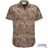 Customised Shirts made for Kuku Bulkaway Indigenous Art Gallery, Cooktown, FNQ. They paint stories they were taught as children about the local bush, food and animals.  They supplied photos of their hand-painted art (original paintings you can view in our photo gallery). From there our clever design team created a seamless pattern and we turned them into wearable art on shirts and shorts. Deadly style!