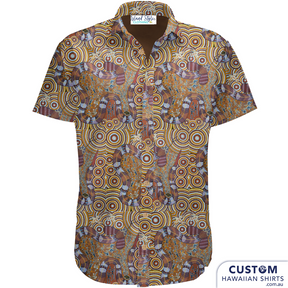 Customised Shirts made for Kuku Bulkaway Indigenous Art Gallery, Cooktown, FNQ. They paint stories they were taught as children about the local bush, food and animals.  They supplied photos of their hand-painted art (original paintings you can view in our photo gallery). From there our clever design team created a seamless pattern and we turned them into wearable art on shirts and shorts. Deadly style!