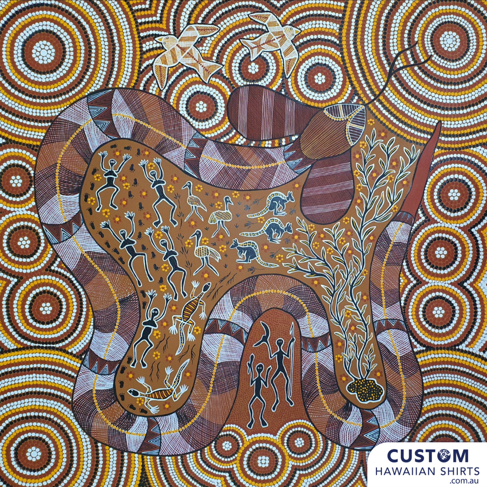 Customised Shirts made for Kuku Bulkaway Indigenous Art Gallery, Cooktown, FNQ. They paint stories they were taught as children about the local bush, food and animals.  They supplied photos of their hand-painted art (original paintings you can view in our photo gallery). From there our clever design team created a seamless pattern and we turned them into wearable art on shirts and shorts. Deadly style! Main feature is Rainbow Snakes