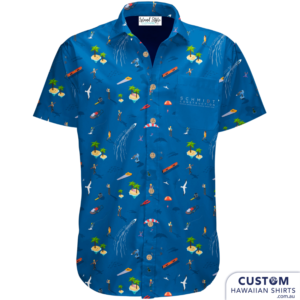 Schmidt Construction required some off-duty Custom Hawaiian Shirts.   100% Cotton Coconut embossed buttons