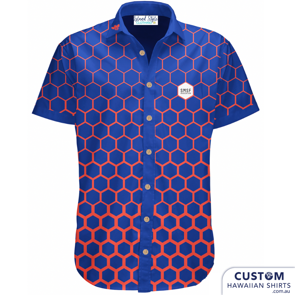 SMSF Association - Conference Shirts 2022. Noted the cute bee graphic on the collar. This is their second conference order with us.  100% soft rayon Open collar Chest pocket Coconut buttons