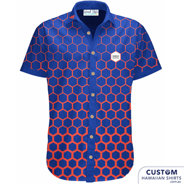 SMSF Association - Conference Shirts 2022. Noted the cute bee graphic on the collar. This is their second conference order with us.  100% soft rayon Open collar Chest pocket Coconut buttons