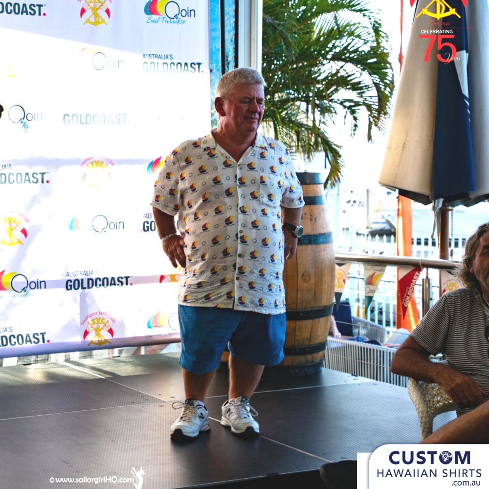 Southport Yacht Club on the Gold Coast had new personalized Hawaiian shirts for staff uniforms and merch for sale for club members and fans.  100% Cotton 1 x chest pocket Coconut shell buttons