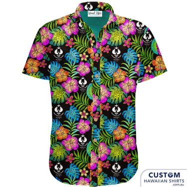 Adelaide University Rugby Football Club - Team Uniforms. They wanted a black base with very graphic multi-coloured floral print and their logo scattered throughout. This surely was eye-catching as touring shirts or after game events. 100% Cotton Coconut buttons