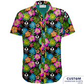 Adelaide University Rugby Football Club - Team Uniforms. They wanted a black base with very graphic multi-coloured floral print and their logo scattered throughout. This surely was eye-catching as touring shirts or after game events. 100% Cotton Coconut buttons
