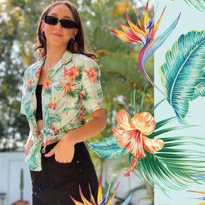 A classic aloha design and a mint green base color make this Green Paradise Unisex Cotton Hawaiian Shirt the perfect pick for any adventure! With hibiscus and bird of paradise accents, you'll put a tropical spin on any holiday, corporate uniform, or cruise.  100% cotton means it's comfy and stylish! Look sharp and stay cool, now that's paradise!