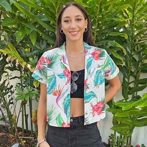 Womens White Paradise Crop Shirt. Cute and Comfortable 100% Cotton, great for summer, uniforms, festivals, parties and any other occasions.